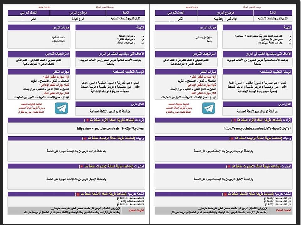 تحضير دراسات إسلامية رابع ابتدائي منصة مدرستي الفصل الثاني
