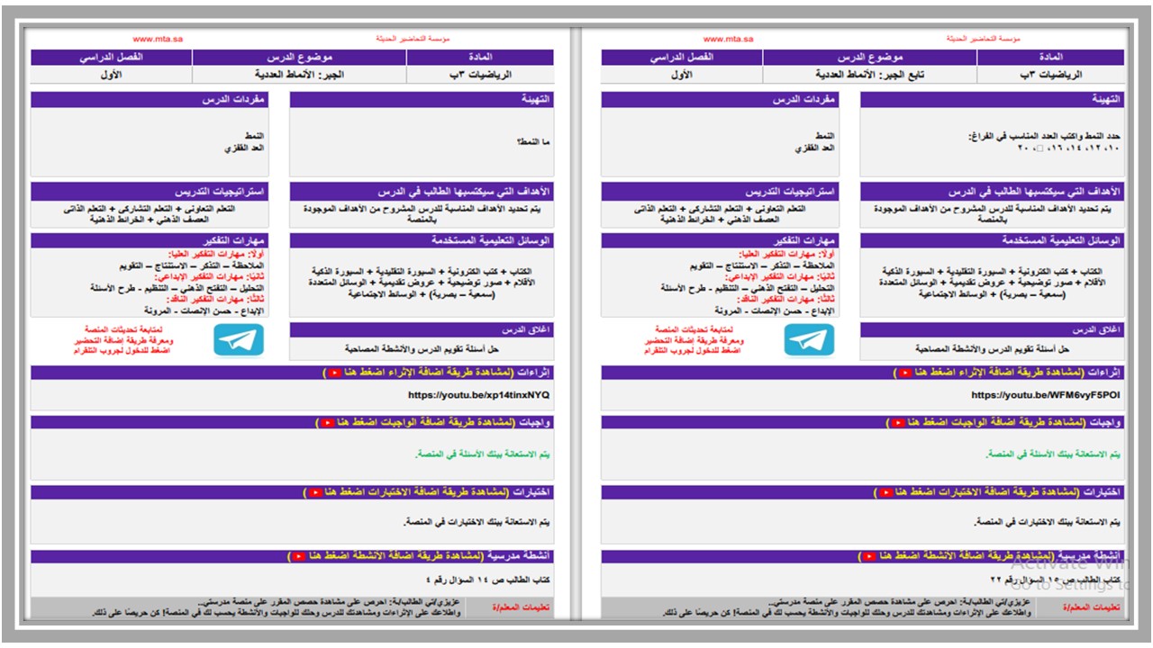 مفردات الدرس رياضيات ثالث ابتدائي منصة مدرستي 