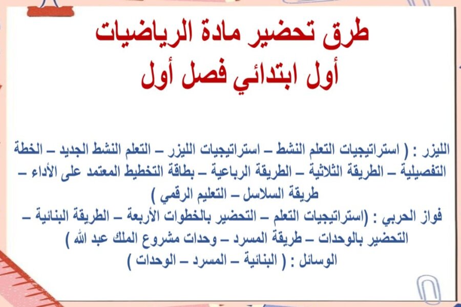 التحضير الإلكتروني لمادة الرياضيات أول ابتدائي فصل أول 