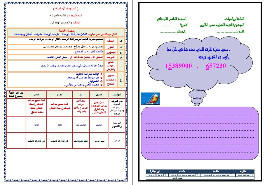 أوراق عمل مادة الرياضيات خامس ابتدائي الفصل الدراسي الأول