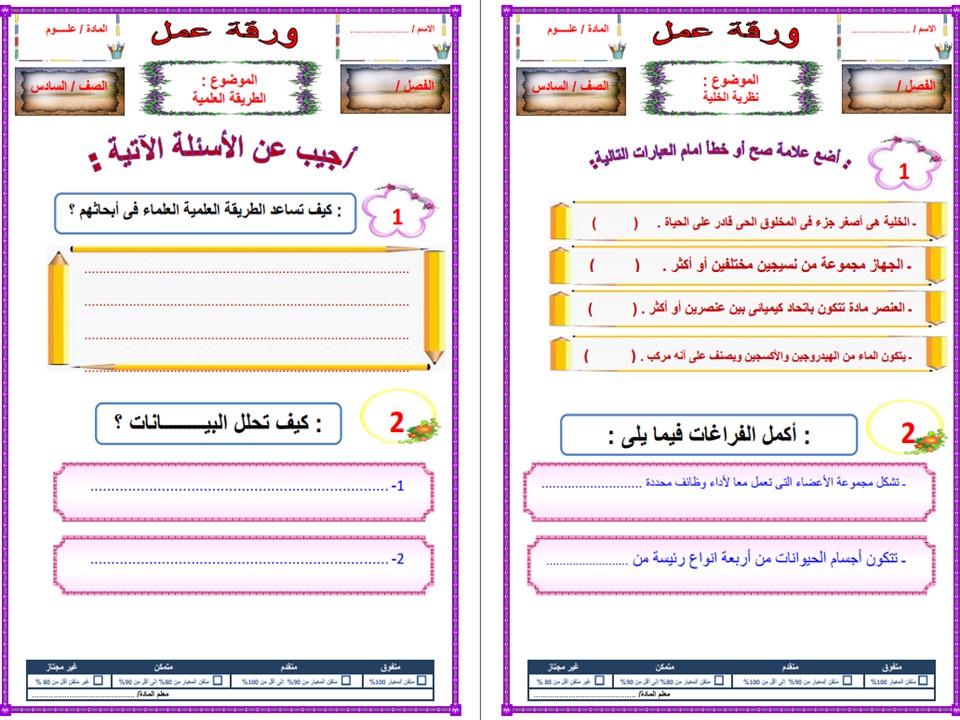 اختبارات علوم الصف السادس الابتدائي الفصل الأول