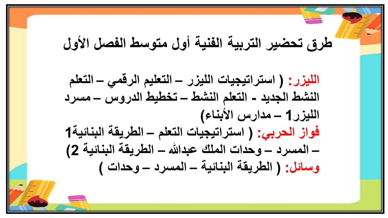 مفردات الدرس التربية الفنية أول متوسط الفصل الأول مدرستي