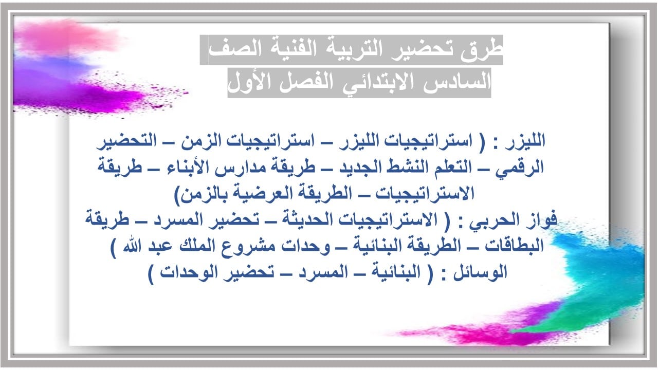 مفردات الدرس التربية الفنية السادس الابتدائي الفصل الأول مدرستي