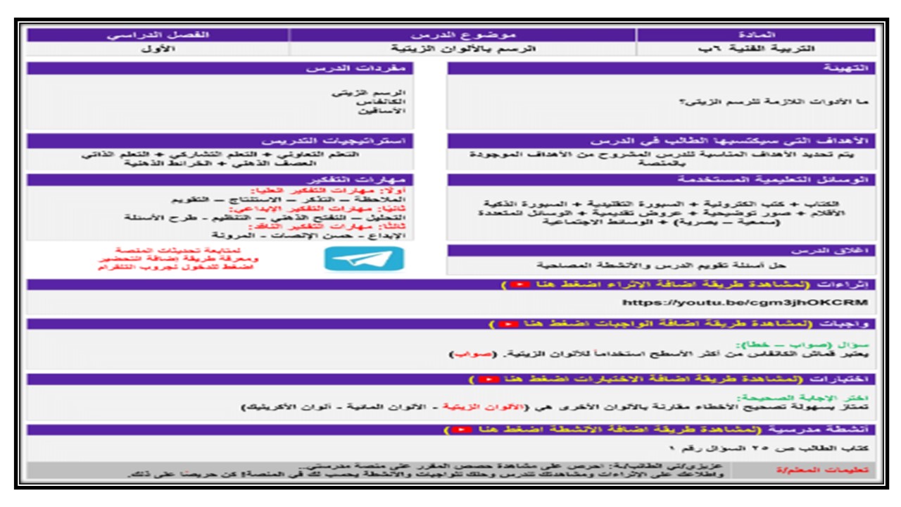 مفردات الدرس التربية الفنية الفصل الأول مدرستي