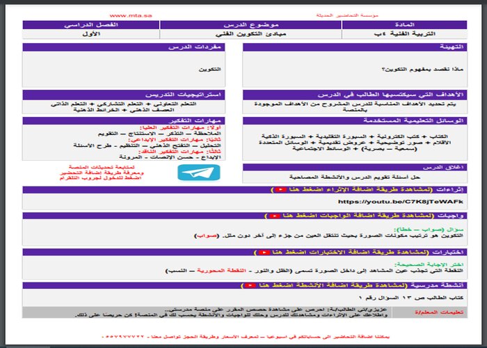 مهارات التفكير التربية الفنية الصف الرابع الابتدائي الفصل الأول مدرستي