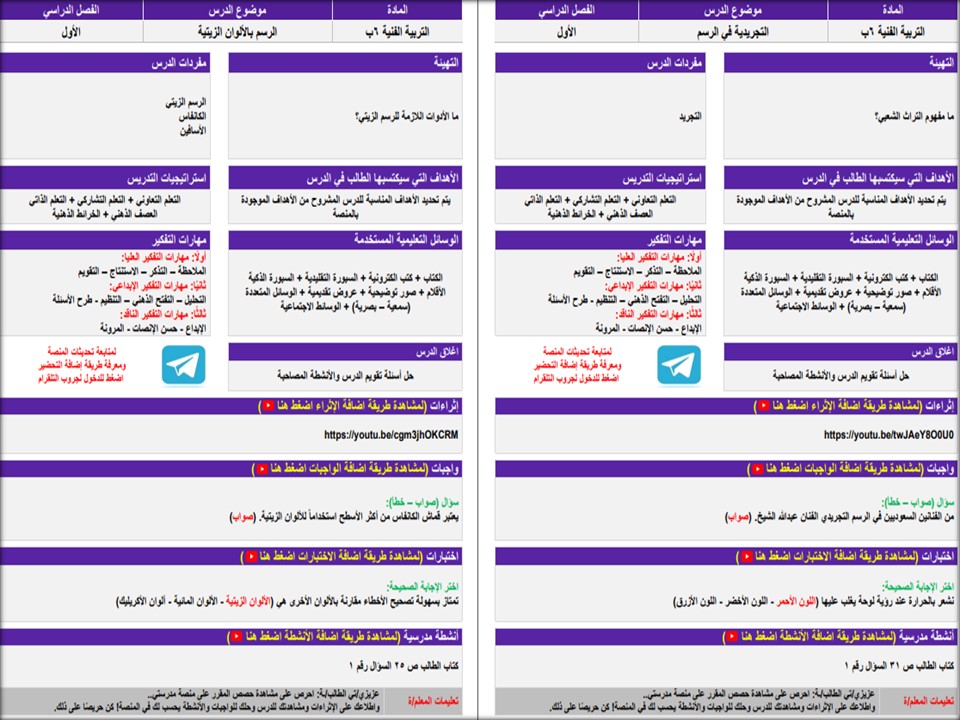 واجبات التربية الفنية الصف السادس الابتدائي الفصل الأول مدرستي