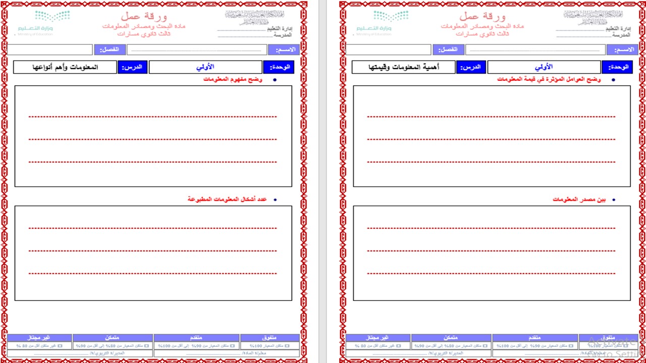 أوراق عمل مادة البحث ومصادر المعلومات مسارات