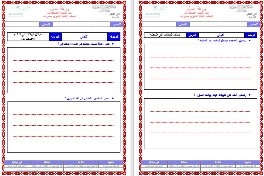 أوراق عمل مادة الذكاء الاصطناعي مسارات