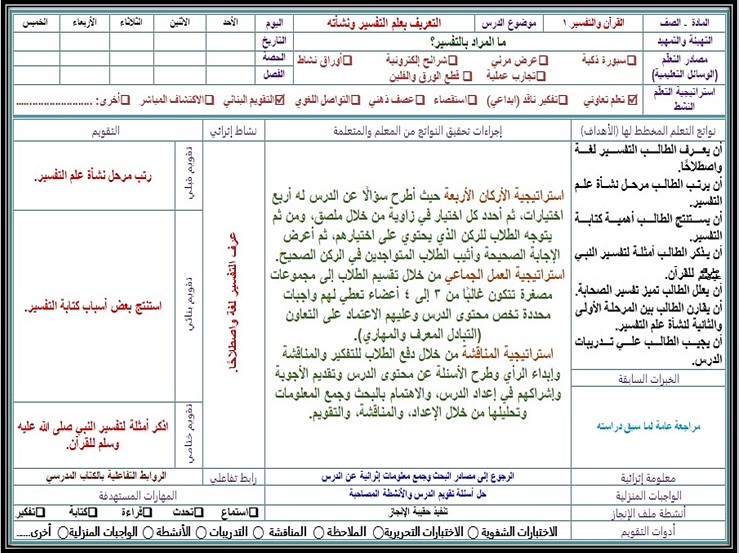 ورق عمل مادة القرآن وتفسيره التعليم الثانوي نظام المسارات