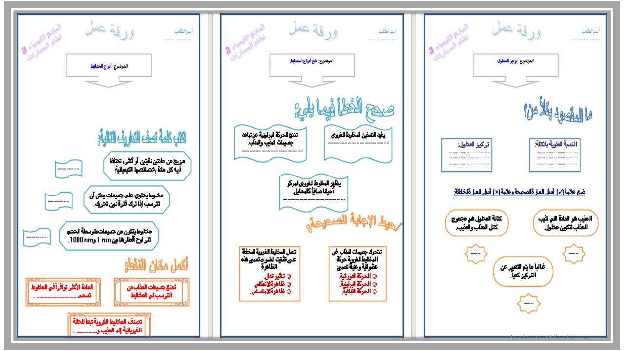 أوراق عمل مادة كيمياء 3 مسارات 