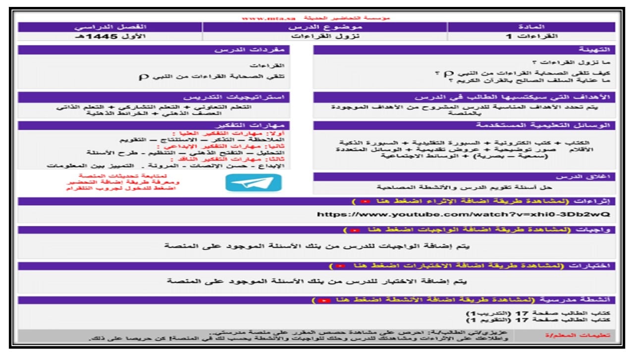 مفردات الدرس قراءات 1 مسارات الفصل الأول مدرستي