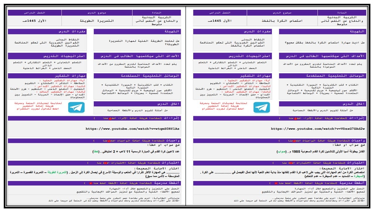 مهارات التفكير تربية بدنية ثاني متوسط الفصل الأول مدرستي