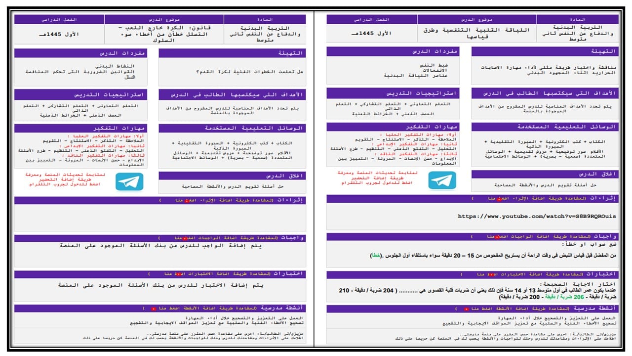واجبات التربية البدنية الصف الثاني متوسط الفصل الأول مدرستي