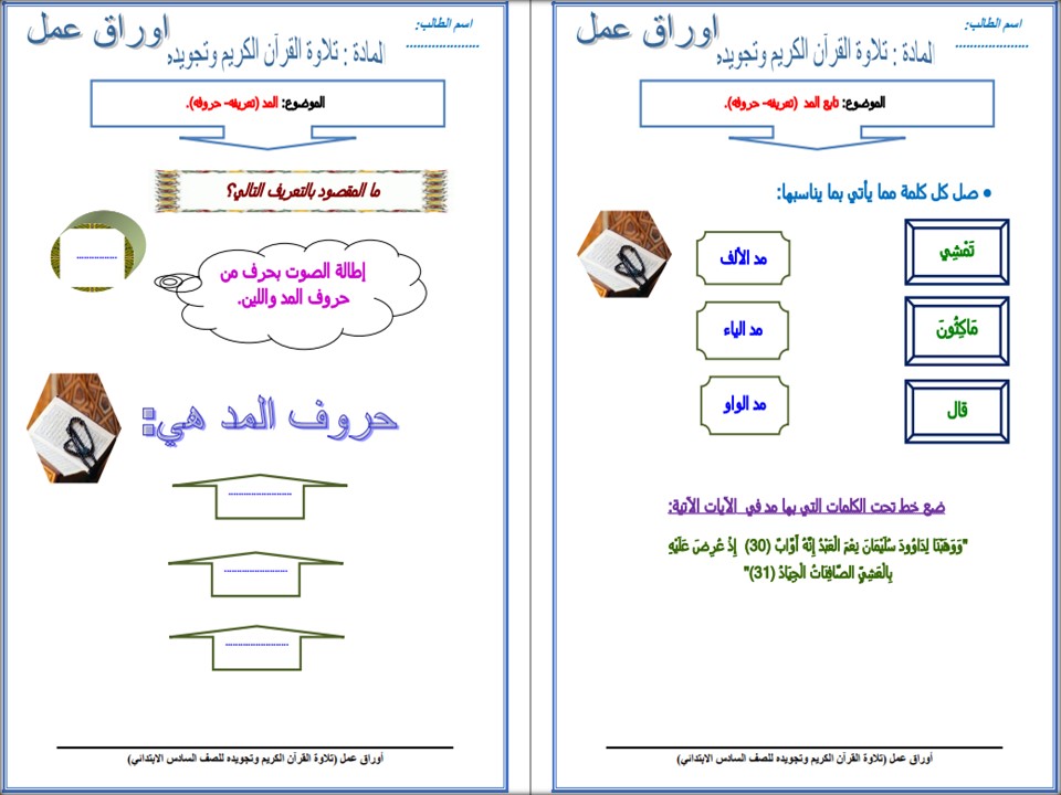 واجبات القرآن الكريم الصف السادس الابتدائي الفصل الأول مدرستي