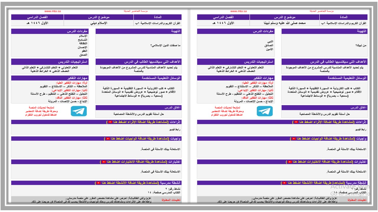 اغلاق الدرس مادة الدراسات الاسلامية التربية الفكرية الفصل الأول مدرستي