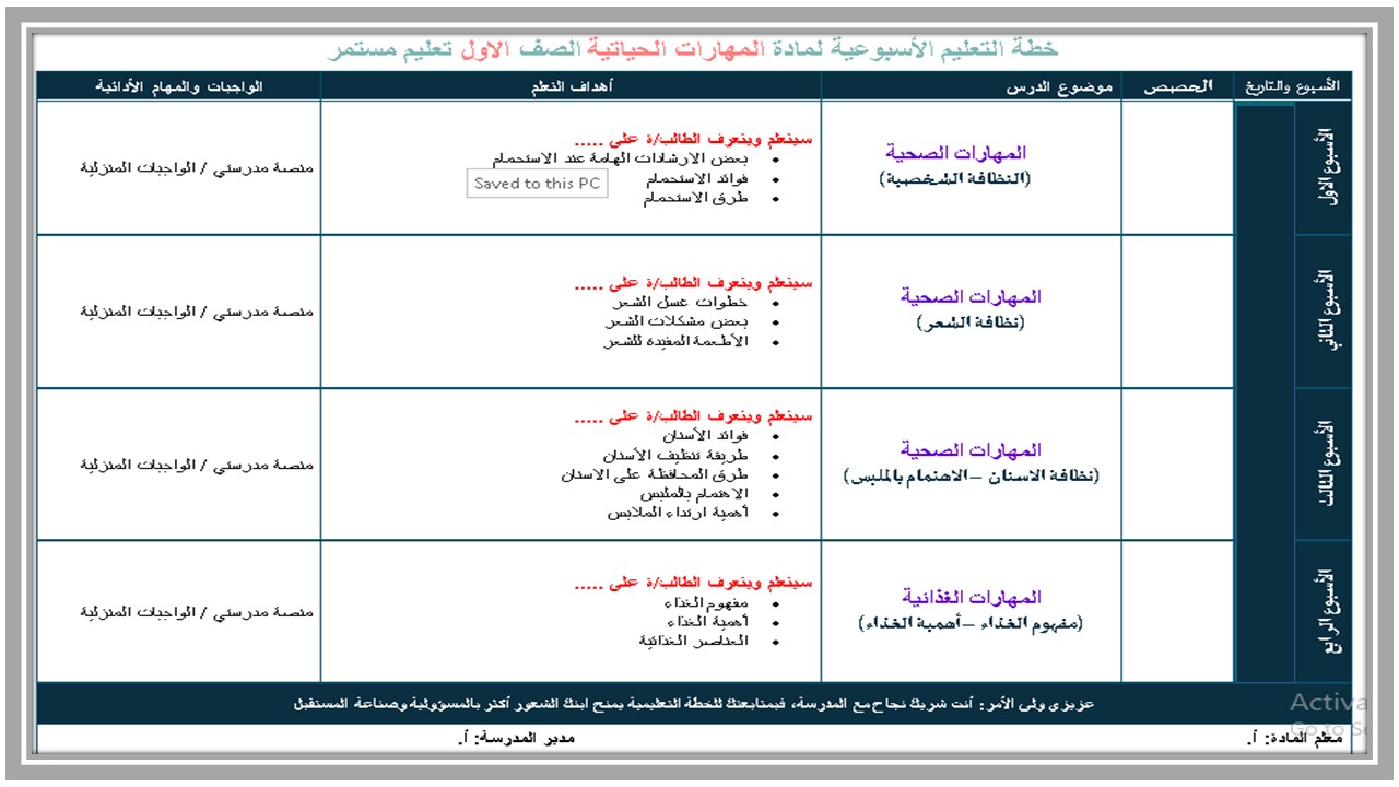 اغلاق الدرس مادة مهارات حياتية التعليم المستمر الفصل الأول مدرستي