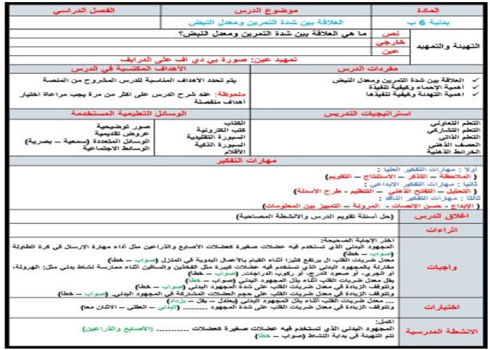 مفردات الدرس مادة تربية بدنية سادس ابتدائي الفصل الأول مدرستي