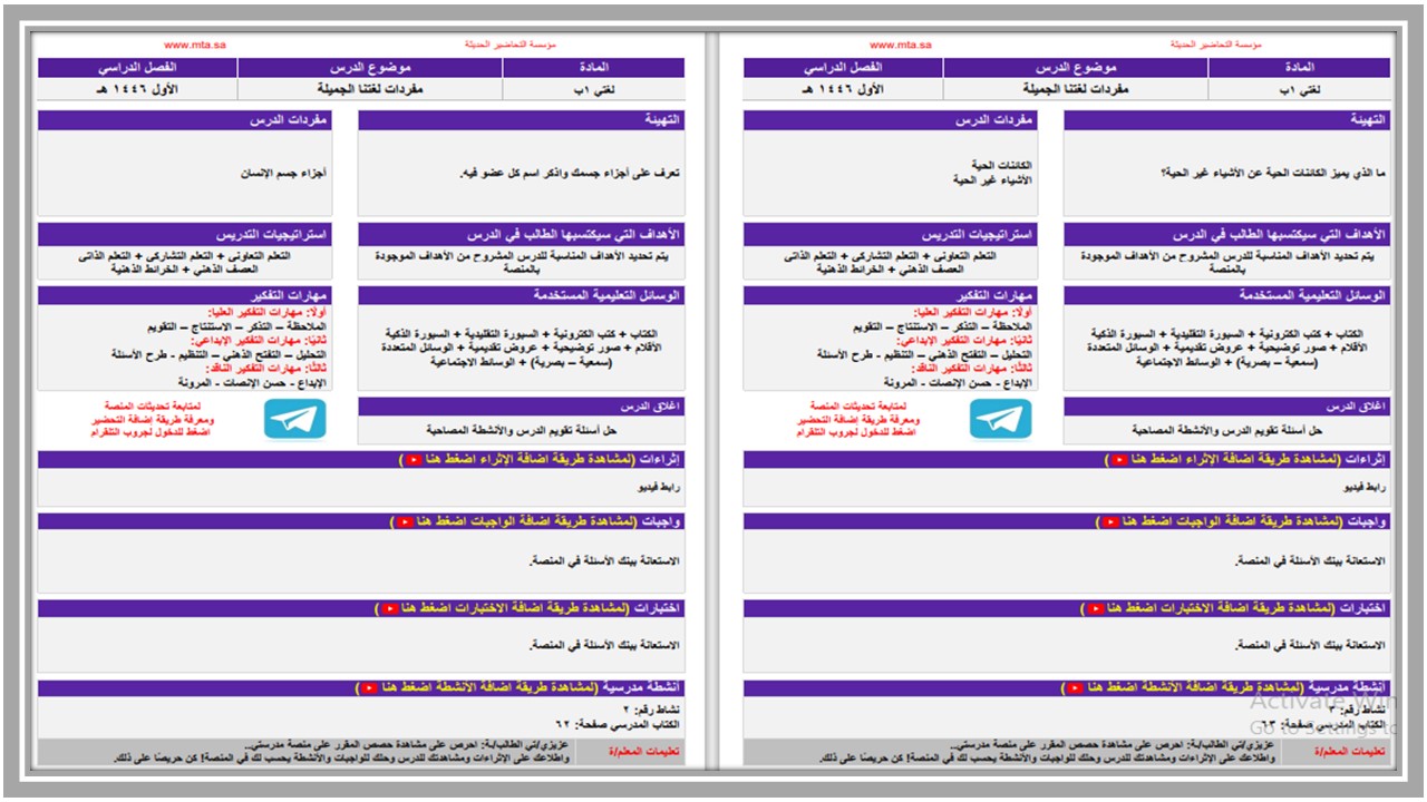 مهارات التفكير مادة لغتي التربية الفكرية الفصل الأول مدرستي 