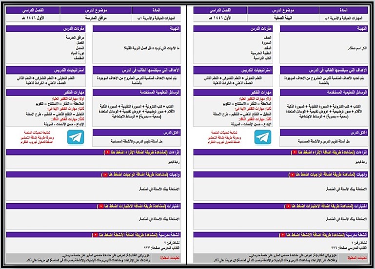 واجبات المهارات الحياتية والأسرية التربية الفكرية الفصل الأول مدرستي