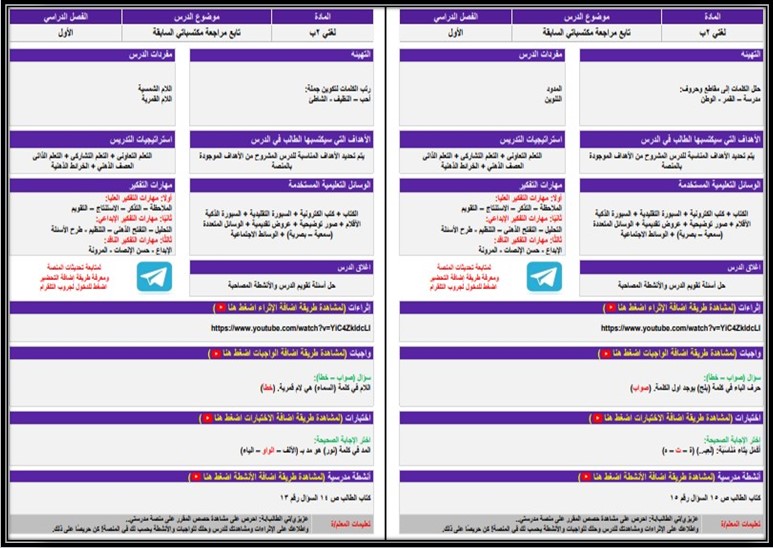 واجبات لغتي التربية الفكرية الفصل الأول مدرستي