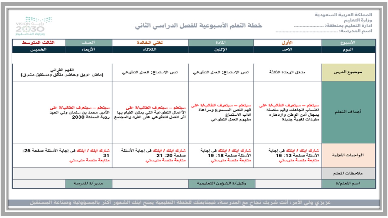 تحضير منصة مدرستي لغتي ثالث متوسط الفصل الثاني
