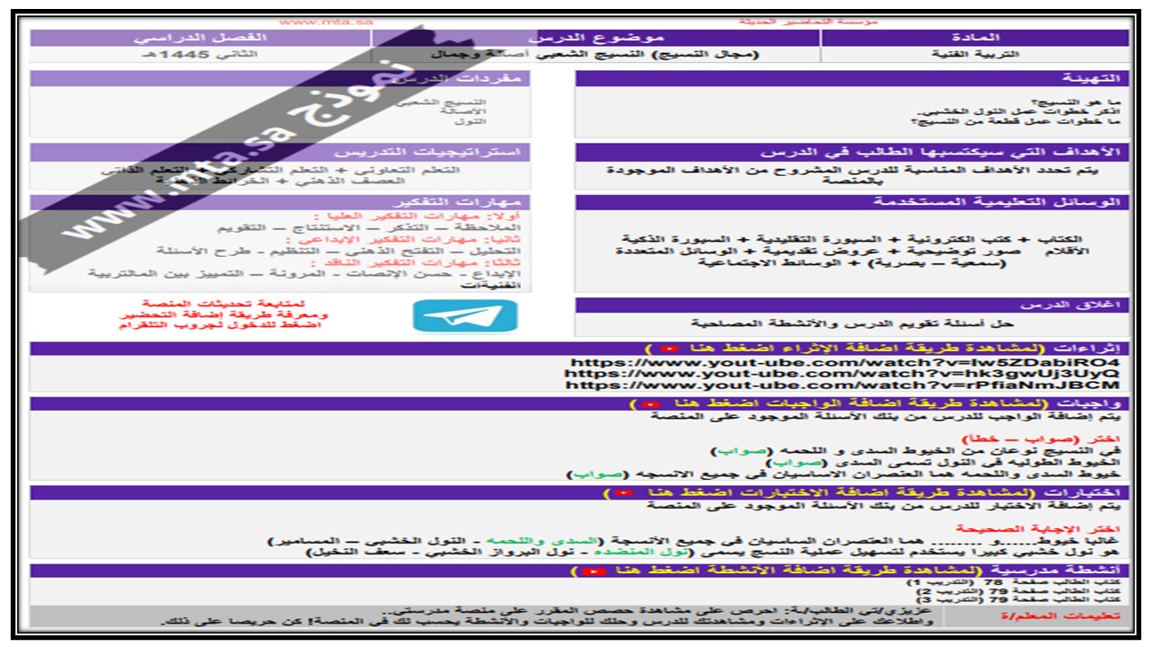 مفردات الدرس منصة مدرستي فنية أول متوسط الفصل الثاني