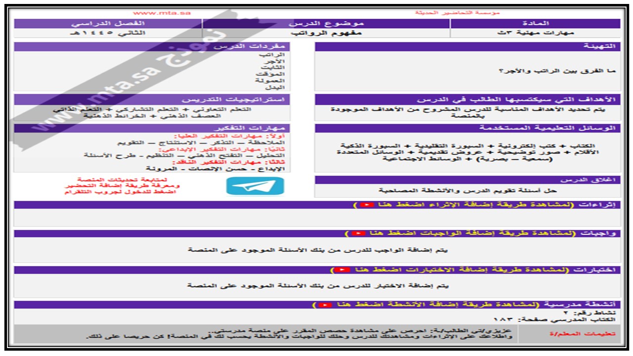 مفردات الدرس لمنصه مدرستي مهارات مهنية التربية الفكرية الفصل الثاني