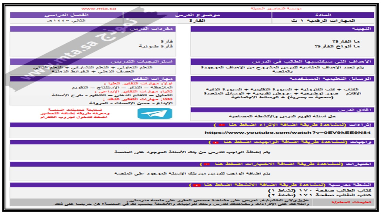 مهارات التفكير لمنصة مدرستي مهارات رقمية التربية الفكرية الفصل الثاني 