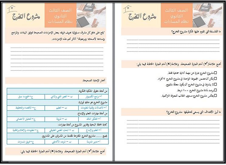 توزيع منهج مادة مشروع التخرج مسارات الترم الثالث
