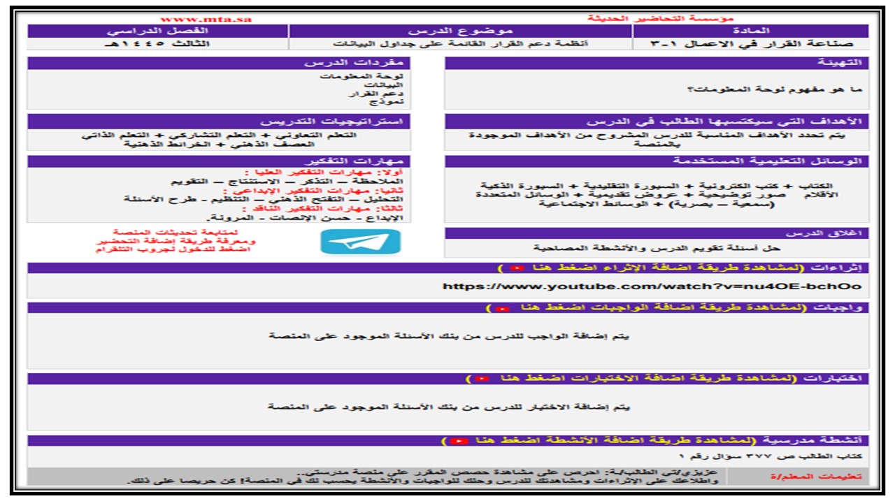 أوراق عمل صناعة القرار 1-3 مسارات الفصل الثالث