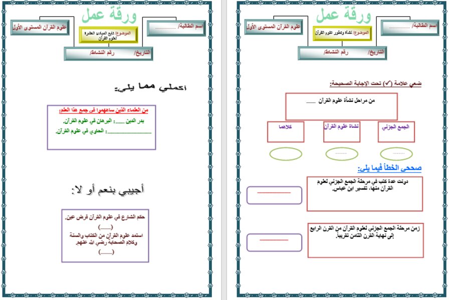 أوراق عمل علوم القرآن مسارات الفصل الثالث أوراق عمل علوم القرآن مسارات الفصل الثالث