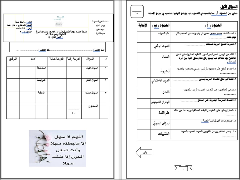 اختبار مادة الدراسات اللغوية مسارات الفصل الثاني
