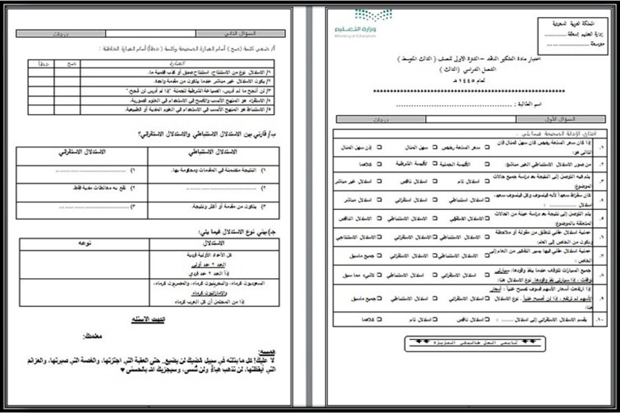 ملخص مادة التفكير الناقد ثالث متوسط الفصل الثالث  