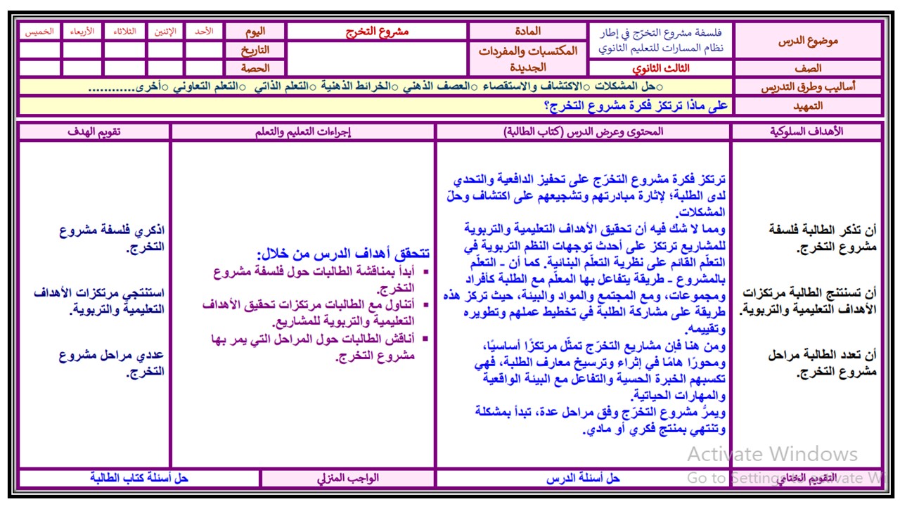 تحضير مادة مشروع التخرج ثالث ثانوي مسارات