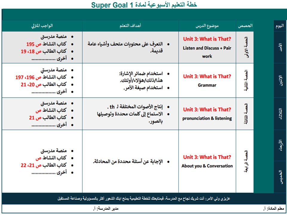 خطة التعليم الأسبوعية SUPER GOAL 