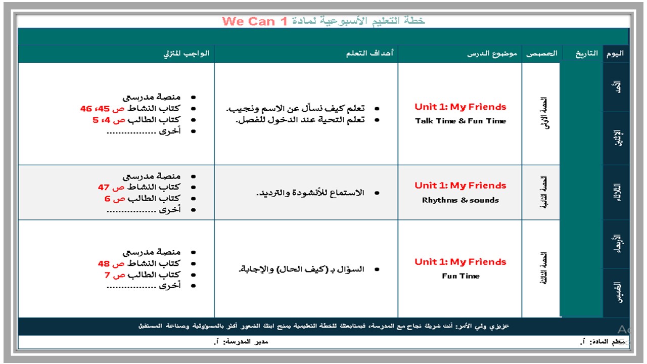 خطة التعليم الأسبوعية WE CAN 