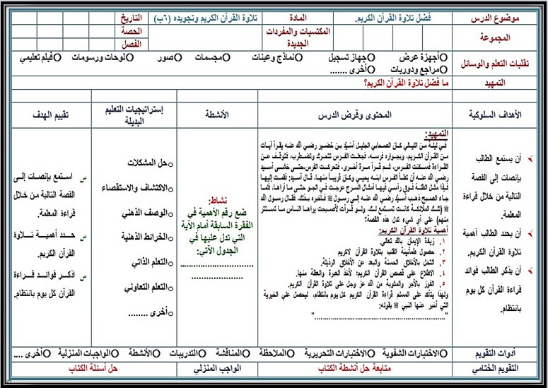 خطة التعليم الأسبوعية القرآن الكريم