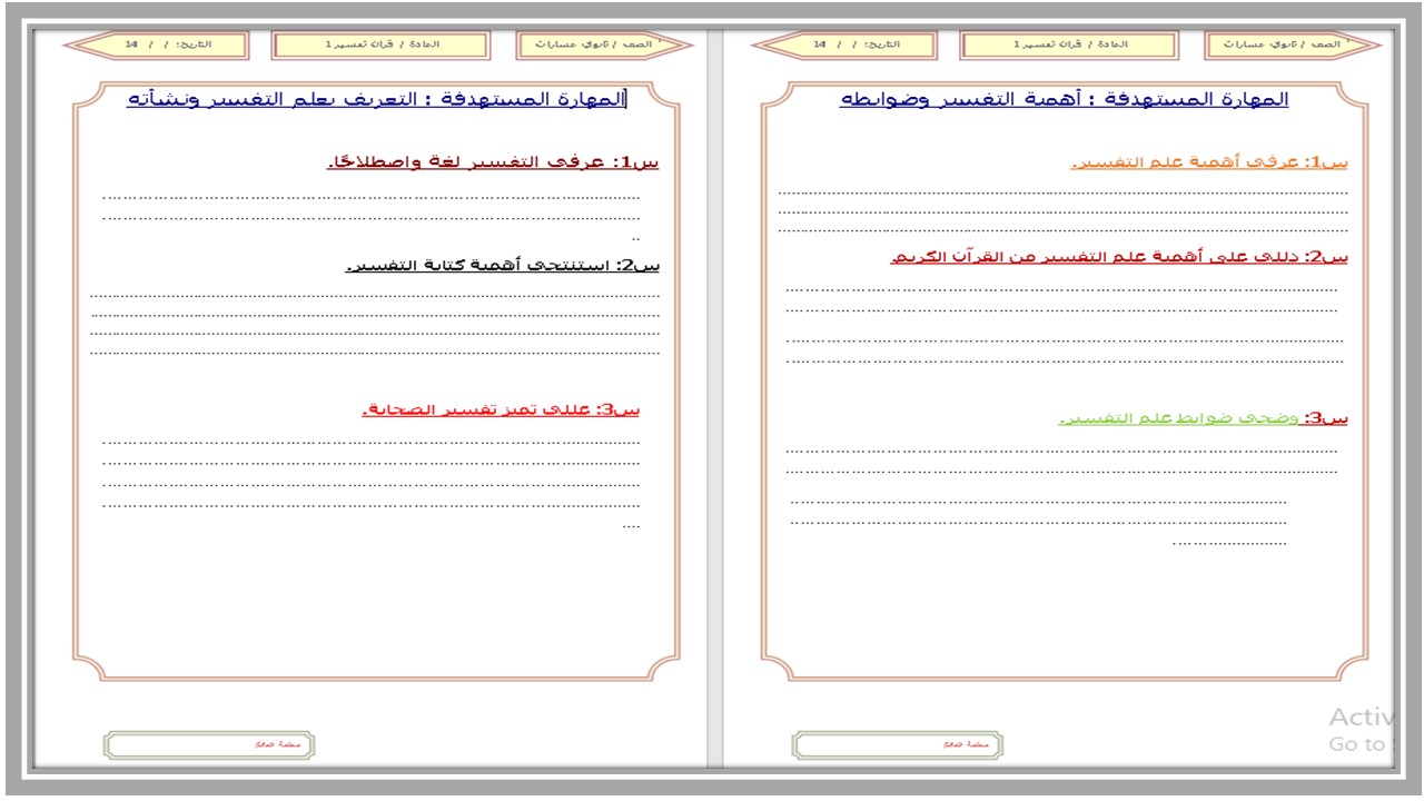خطة التعليم الأسبوعية القرآن وتفسيره 1  