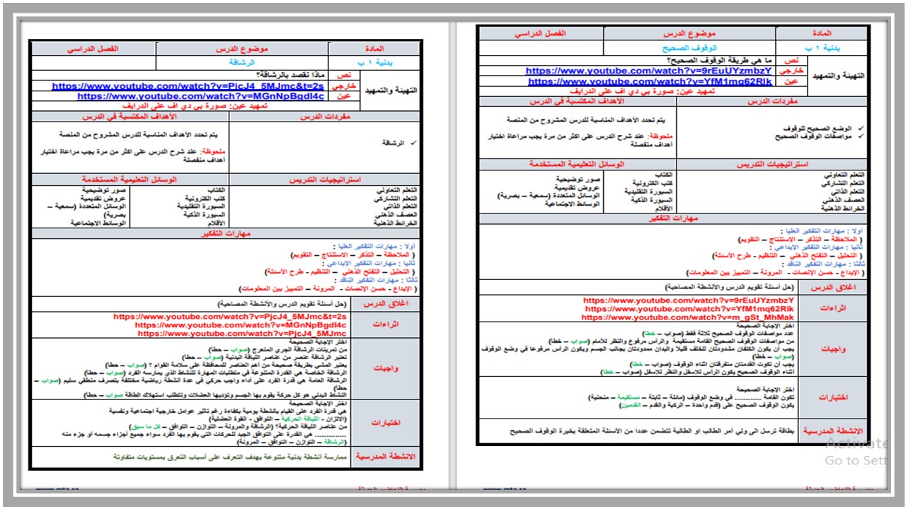 خطة التعليم الأسبوعية تربية بدنية 