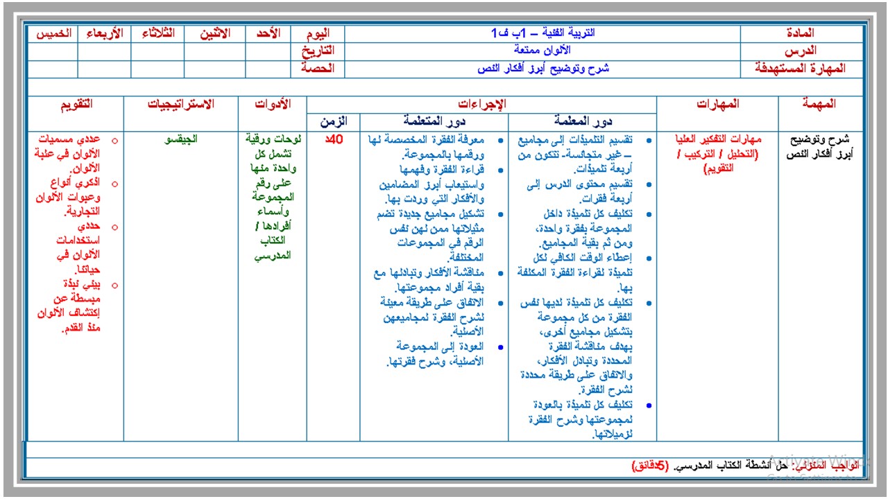 خطة التعليم الأسبوعية تربية فنية