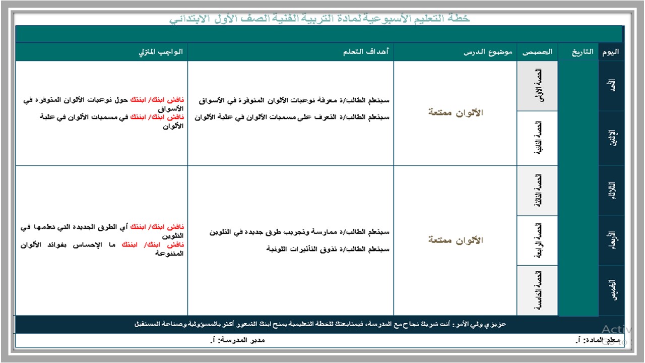 خطة التعليم الأسبوعية تربية فنية