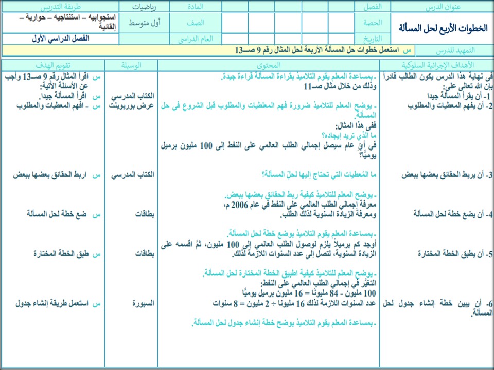 خطة التعليم الأسبوعية رياضيات