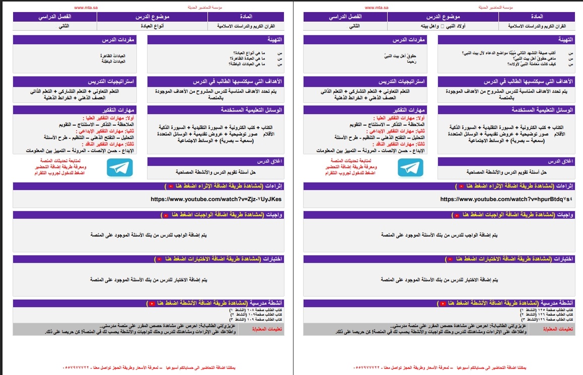 خطة التعلم الأسبوعية لمادة قرآن كريم ودراسات إسلامية رابع ابتدائي الترم الثاني