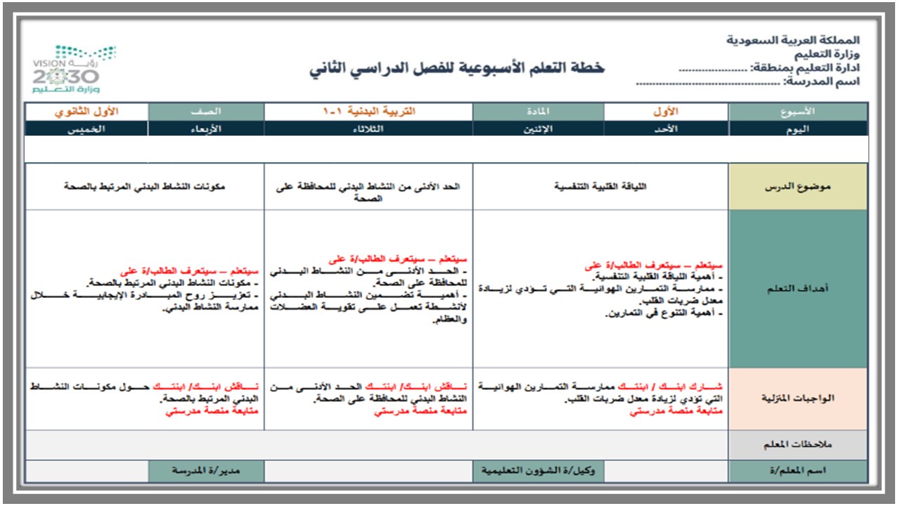 خطة التعلم الأسبوعية التربية الصحية والبدنية أول ثانوي مسارات الترم الثاني