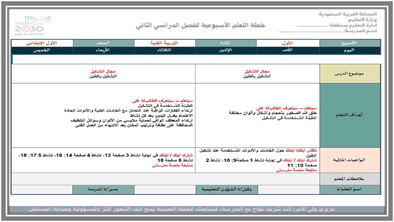 خطة التعلم الأسبوعية التربية الفنية أول ابتدائي الترم الثاني 