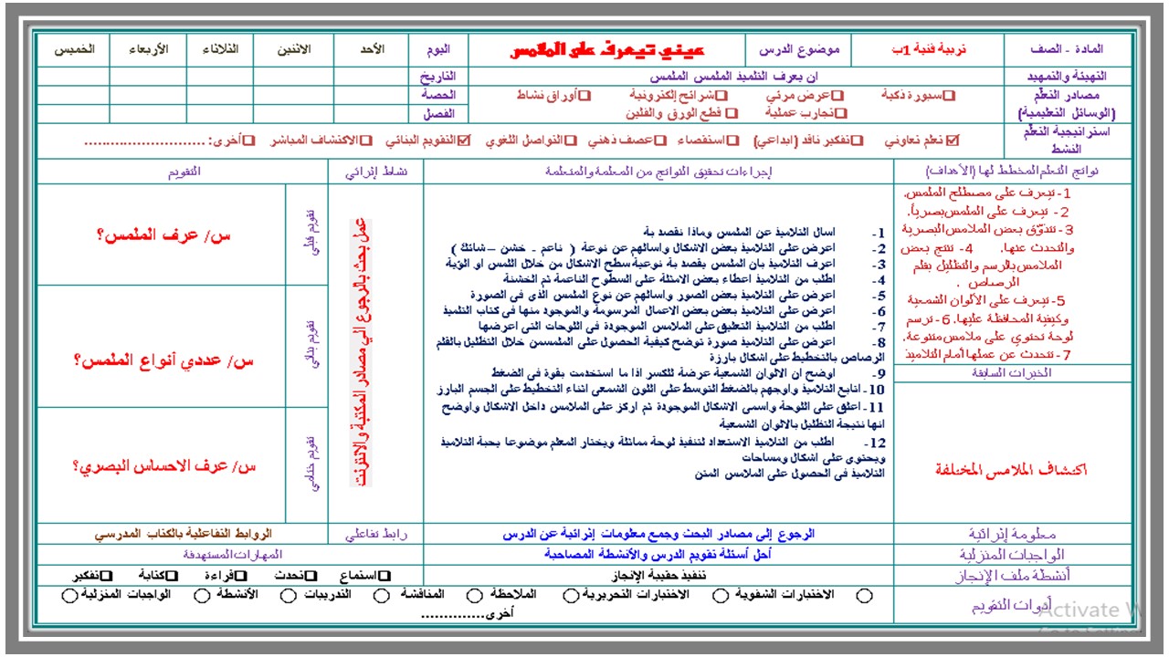 خطة التعلم الأسبوعية التربية الفنية أول ابتدائي الترم الثاني 