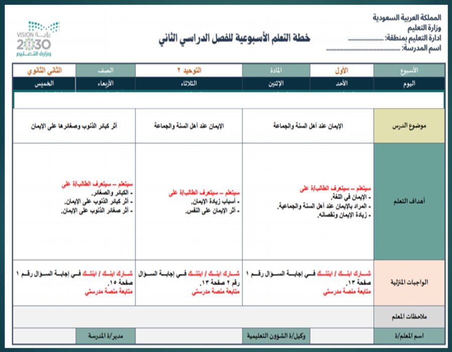 خطة التعلم الأسبوعية التوحيد 2 ثاني ثانوي مسارات الترم الثاني  