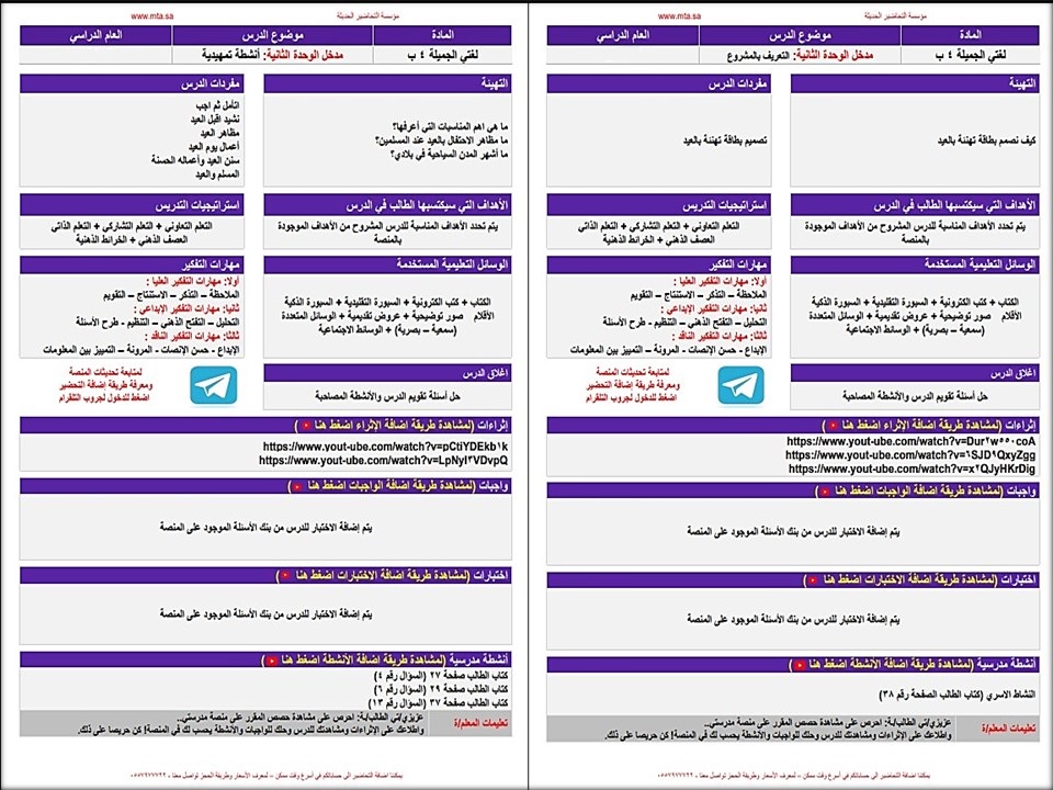 خطة التعلم الأسبوعية اللغة العربية صف رابع ابتدائي الترم الثاني