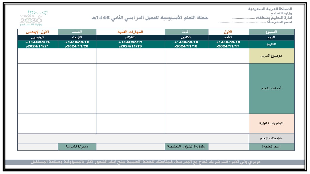 خطة التعلم الأسبوعية المهارات الرقمية أول ابتدائي الترم الثاني