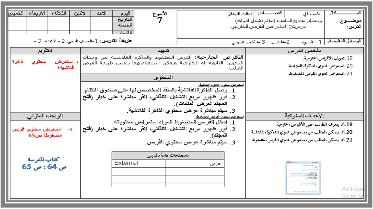 خطة التعلم الأسبوعية المهارات الرقمية ثالث ابتدائي الترم الثاني